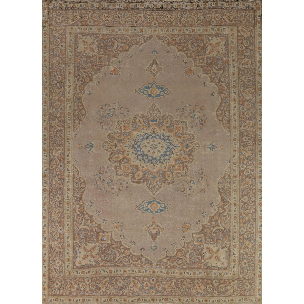 Brown Medallion Tabriz Persian Area Rug Handmade Floral Wool Carpet - 9'7"x 12'3"