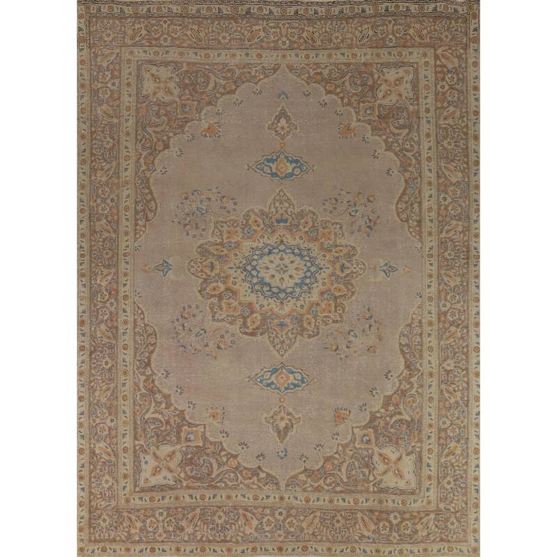 Brown Medallion Tabriz Persian Area Rug Handmade Floral Wool Carpet - 9'7"x 12'3"