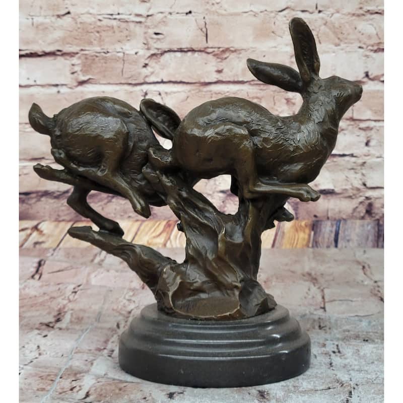 Pair Of Running Imitative Rabbits Hares Bunnies Bronze Sculpture Statue Decor Signed Original Art