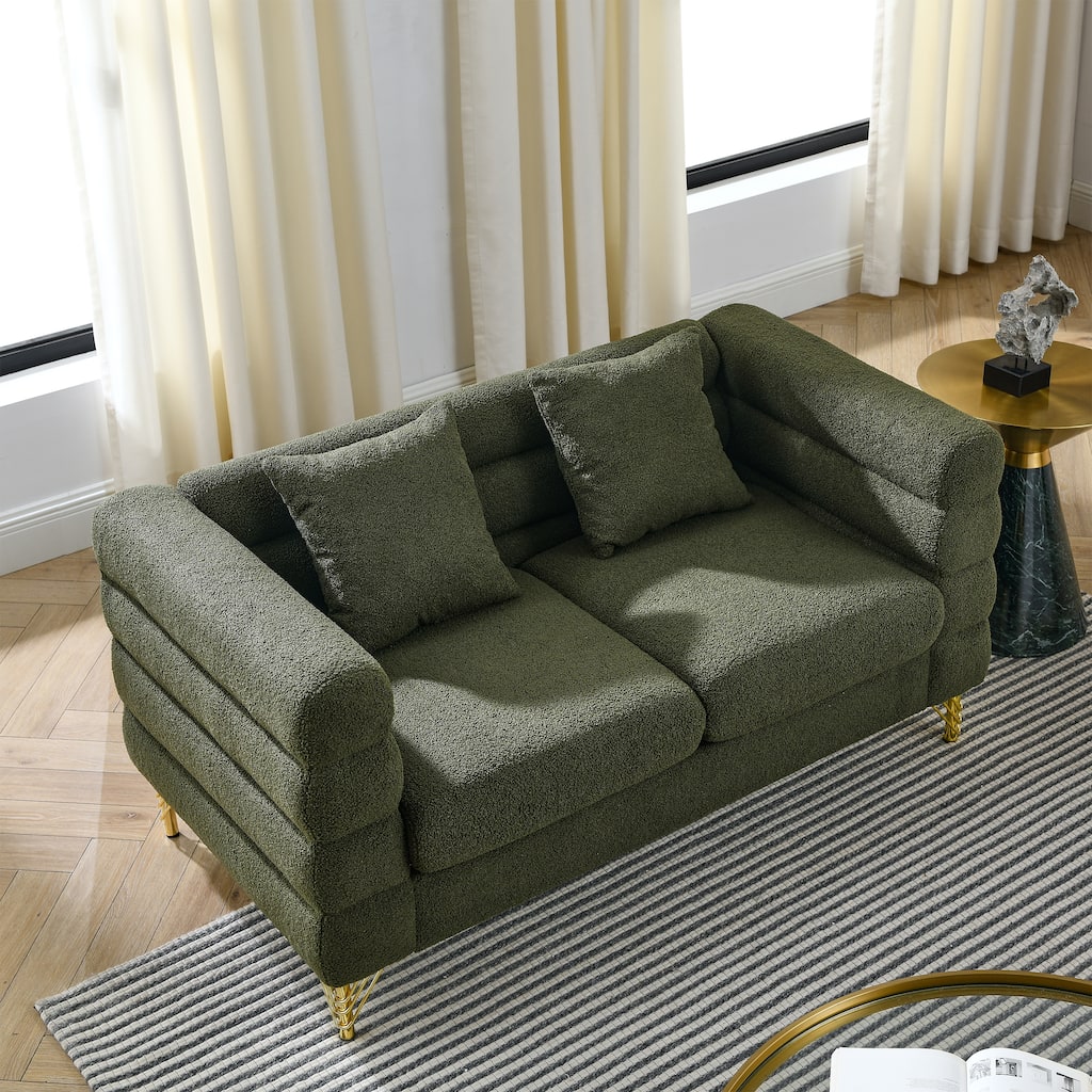 Modern 2 Seater Sectional Sofa with 2 Pillows and 4 Gold Metal Legs for Living Room and Guest Room or Bedroom