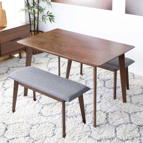 Alonso 3-Piece Mid-Century Modern Dining Set with 2 Linen Benches in Grey