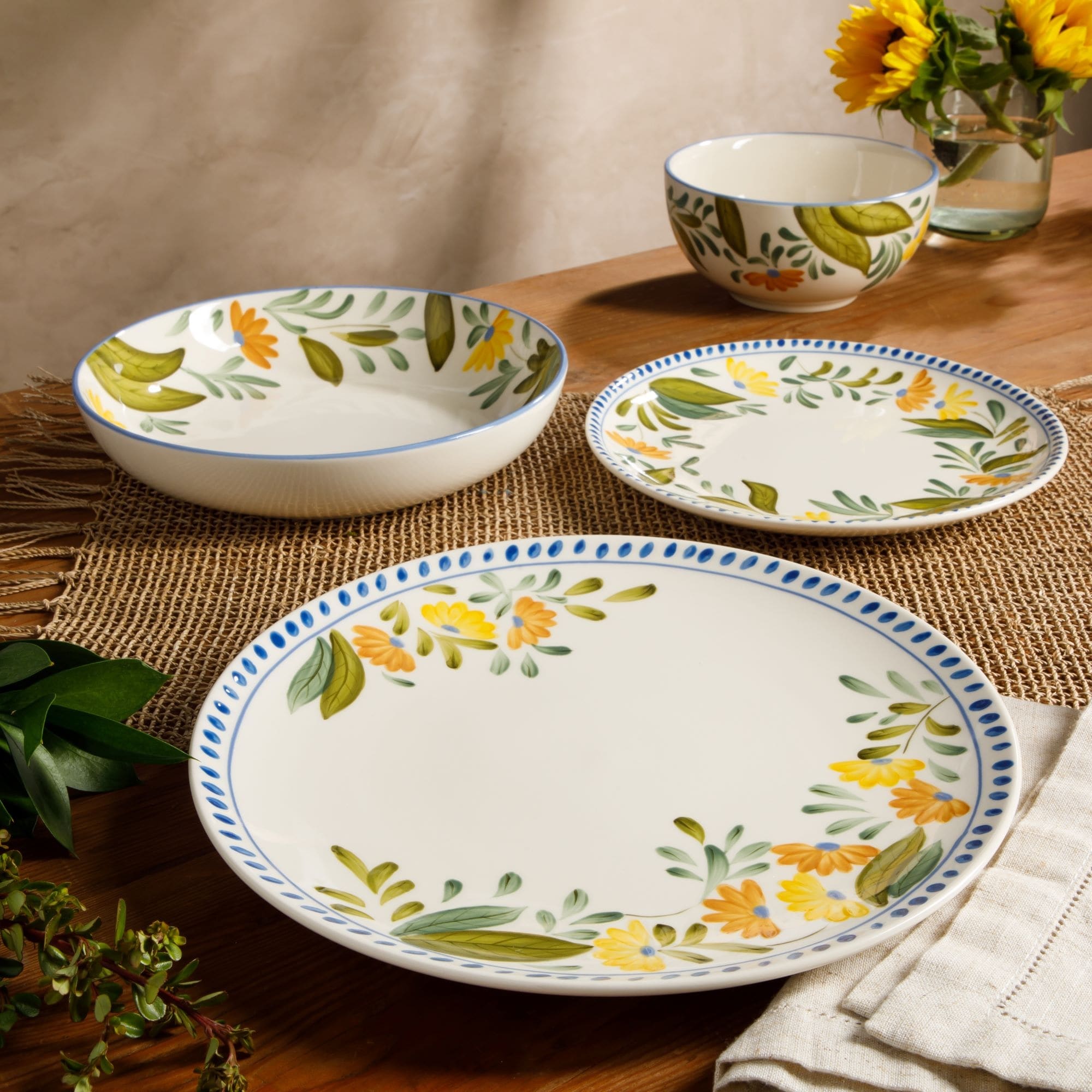 Bloomhouse Posy Blossom 16 Piece Double Bowl Hand Painted Stoneware Plates and Bowls Floral Dinnerware Set