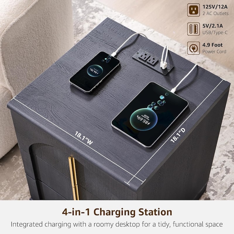 Modern Arched 3 Drawers Nightstand with Charging Station, Side Table