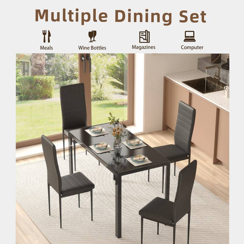 5/7-Piece Glass Top Dining Table Set, Kitchen Table and 4/6 Luxury Faux Leather Chairs, Home Furniture Rectangular Modern, Black
