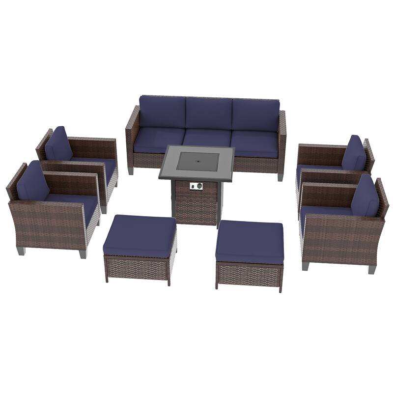 Livoosun 8 Pieces Patio Sofa with 28'' Fire Table Set, PE Wicker, Wide Armrests High Back Sofa Chair Design for Lawn, Patio