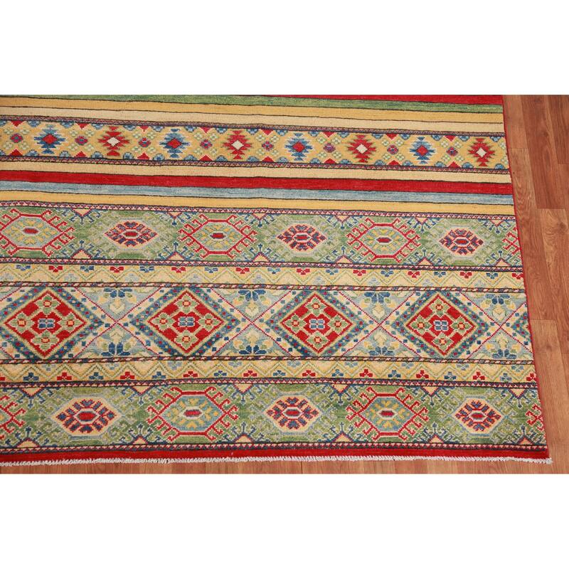 Hand Knotted Oriental 100% Wool Carpet Traditional Geometric Multi-Colored Kazak Area Rug - 12' 11'' X 9' 10''