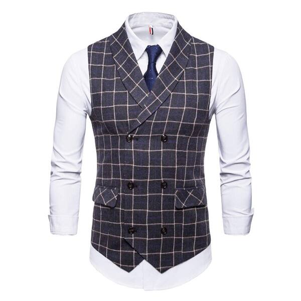 Shop Men S Plaid Tweed Suit Vest Double Breasted Casual Dark Grey