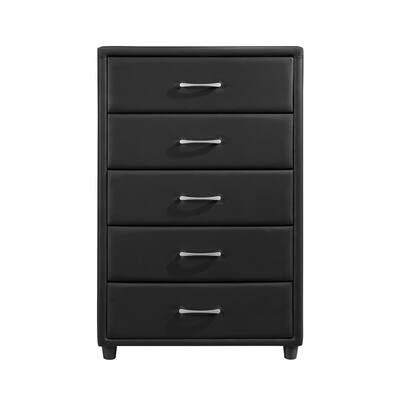 Contemporary Durable Black Faux Leather Covering 1pc Chest of Drawers Silver Tone Bar Pulls Stylish Furniture