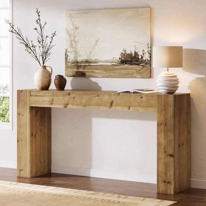 63-inch Solid Wood Console Table, Farmhouse Long Entryway Table