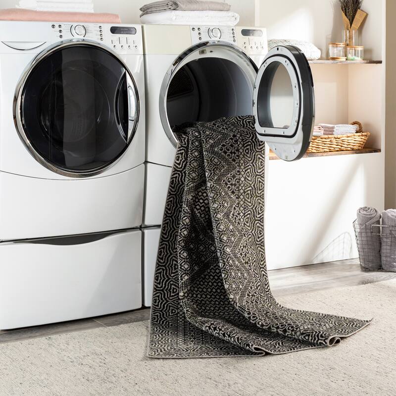 Livabliss Lavadora Global Geometric Machine Washable Boho Area Rug - Black/Sage - 2' 7" x 7' 3"
