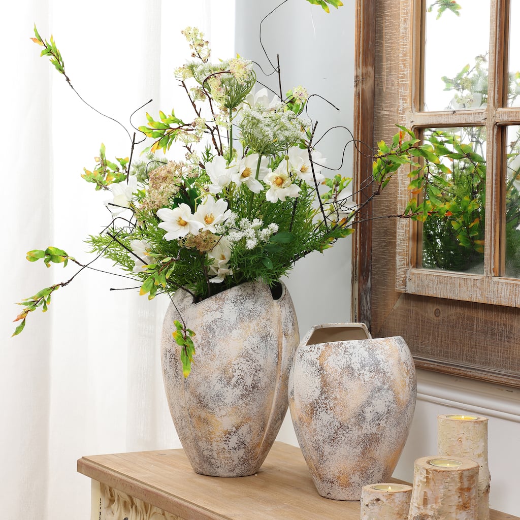 Marbled White Modern Jagged Top Urn Tall Stoneware Vase (Single)