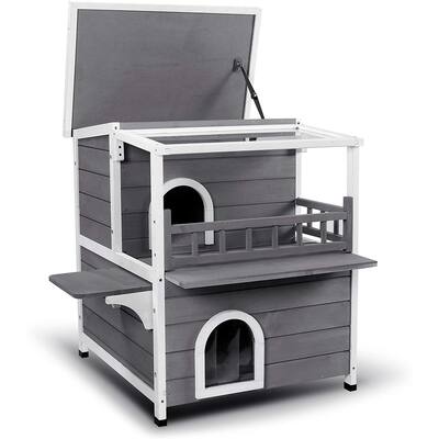 Lovupet 2-Story Wooden Outdoor/Indoor Luxurious Cat Shelter House Condo with Transparent PVC Canopy - N/A