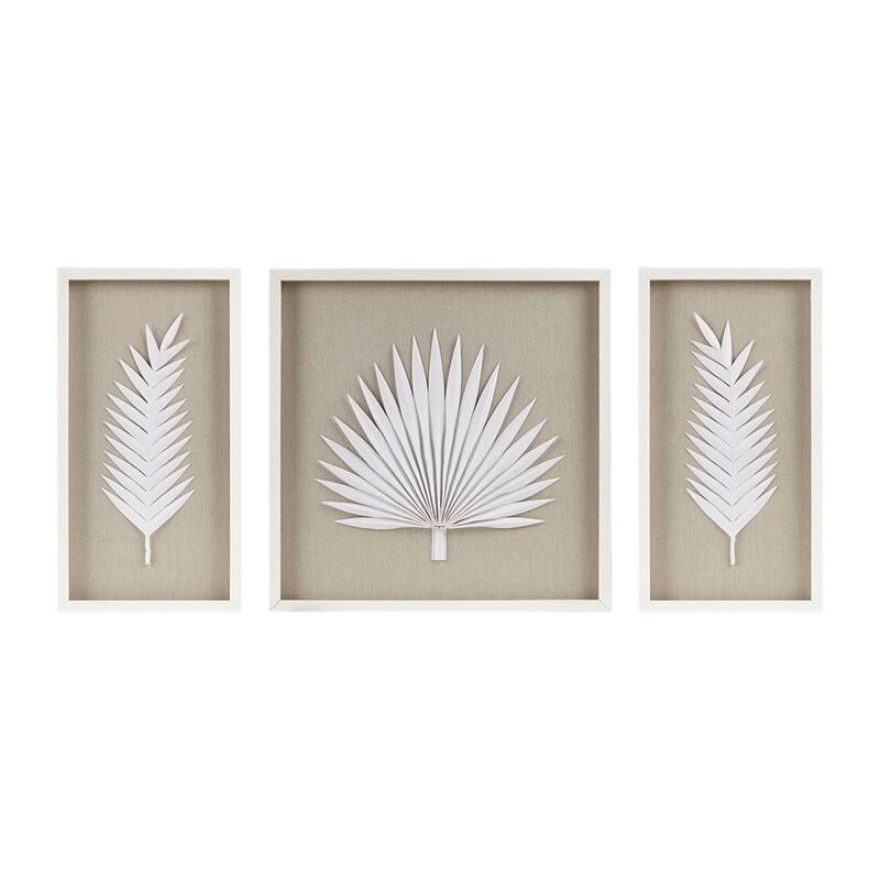 Roomfitters 3-Piece Framed Rice Paper Palm Leaf Shadowbox Wall Decor Set, White Coastal Botanical Art for Living Room