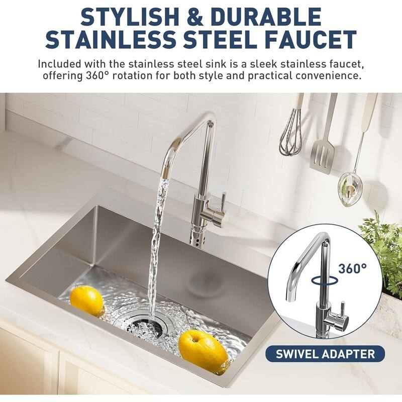 24"X18"X9" Undermount Kitchen Drop In Sink for Easy Installation with Faucet