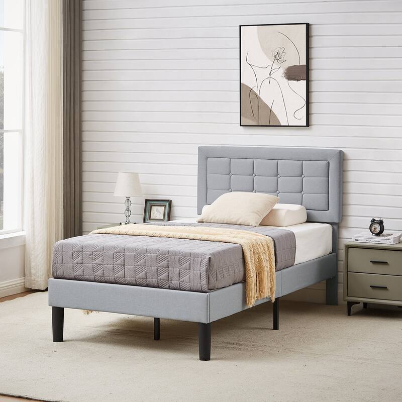 VECELO Bed Frame with Adjustable Headboard, Upholstered Button Tufted Platform Bedframe with Wood Slats Support