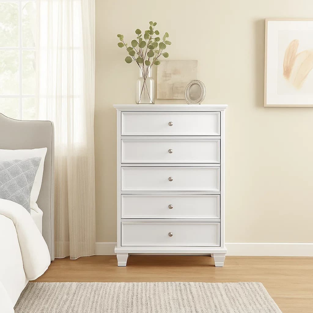 Heno Tall Dresser Chest, 5 Storage Drawers w Nickel Round Knobs, White