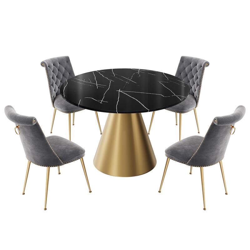 48" Marble Top Metal Dining Table with Velvet Dining Chair Set