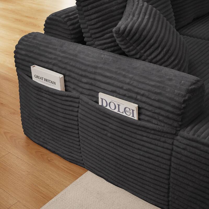 Full-Compression Chaise Lounge Set - Dark Gray Corduroy Sectional with Arched Armrests