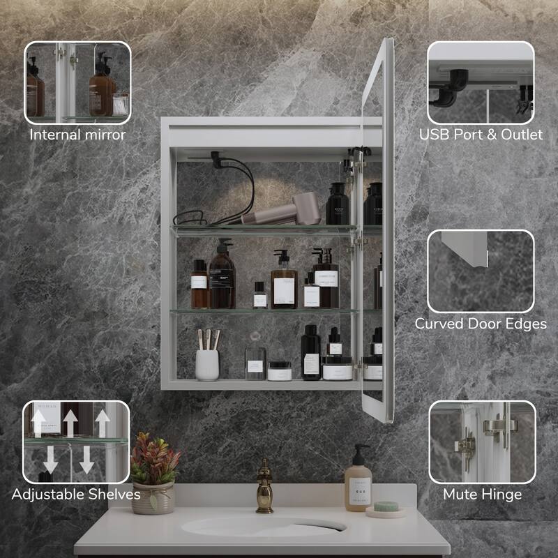 Rounded Edge LED Medicine Cabinet with Mirror, Dimmable, Anti-fog, Adjustable Shelves, Recessed or Wall Mount, ETL Certified