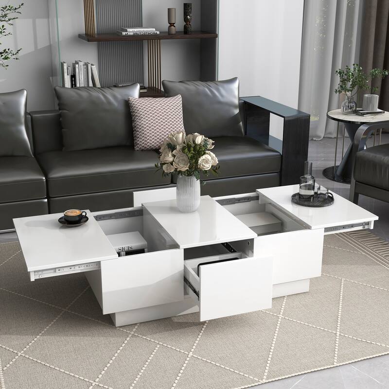 Modern Stylish Coffee Table Extendable Coffee Table with 2 Large Storage Compartments 2 Drawers, for Living Room - White
