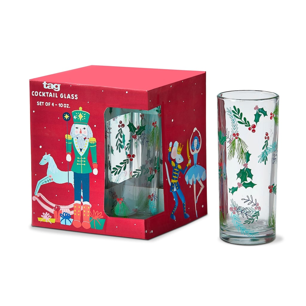 Set of 4 Nutcracker Suite Collection Clear Glass Drinkware with Holly and Sprig Details, Dishwasher Safe, 10 oz