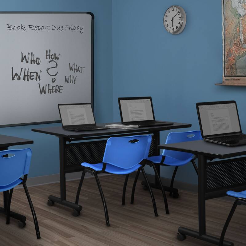 60" x 24" Flip Top Mobile Training Table with Modesty Panel- Grey and 2 "M" Stack Chairs- Blue