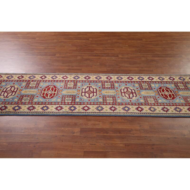 Blue Kazak Oriental Runner Rug Handmade Wool Carpet - 2'7" x 20'6"