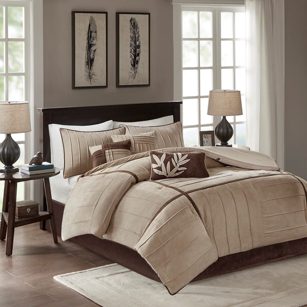 7 Piece Faux Suede Comforter Set Beige Cal King
