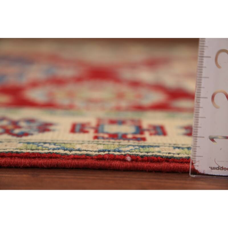 Red Geometric Kazak Foyer Rug Handmade Wool Carpet - 2'8" x 4'3"