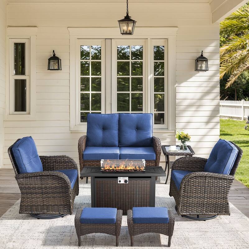 Patio Sofa Swivel Chair with Propane Fire Pit Table - Brown Rattan - Blue Cushion - 7PCS Glider Sofa Chair Ottoman with Fire Table