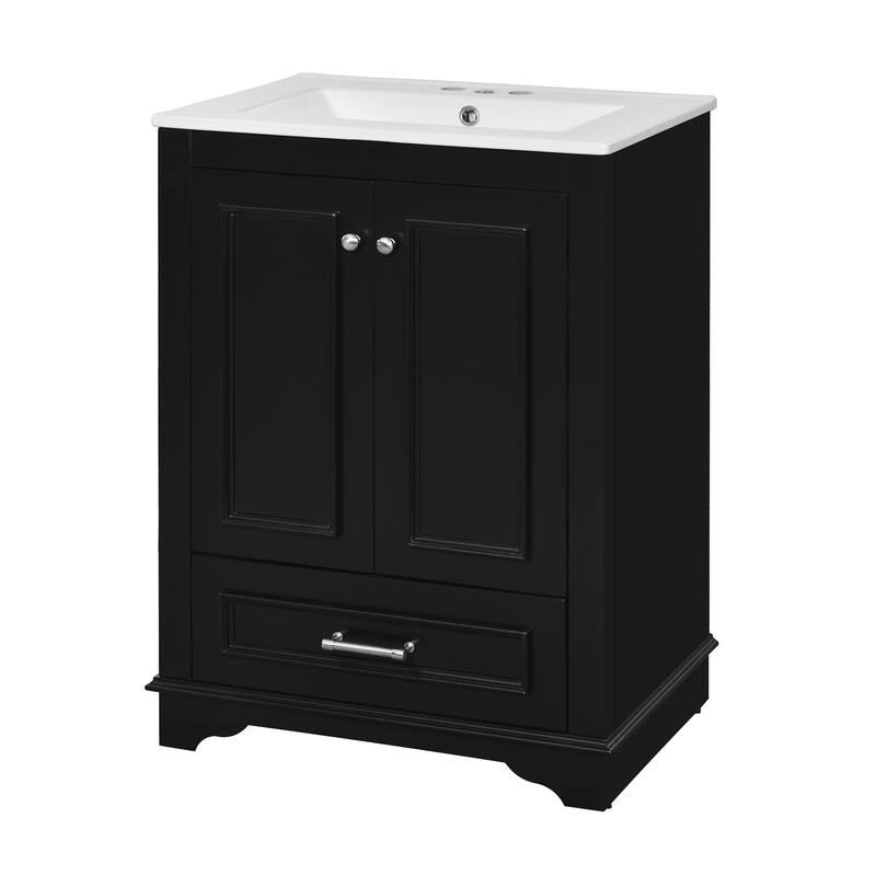 Roomfitters 24" Vanity with Ceramic Sink, Freestanding Cabinet with Silver Handles and Soft Closing Doors