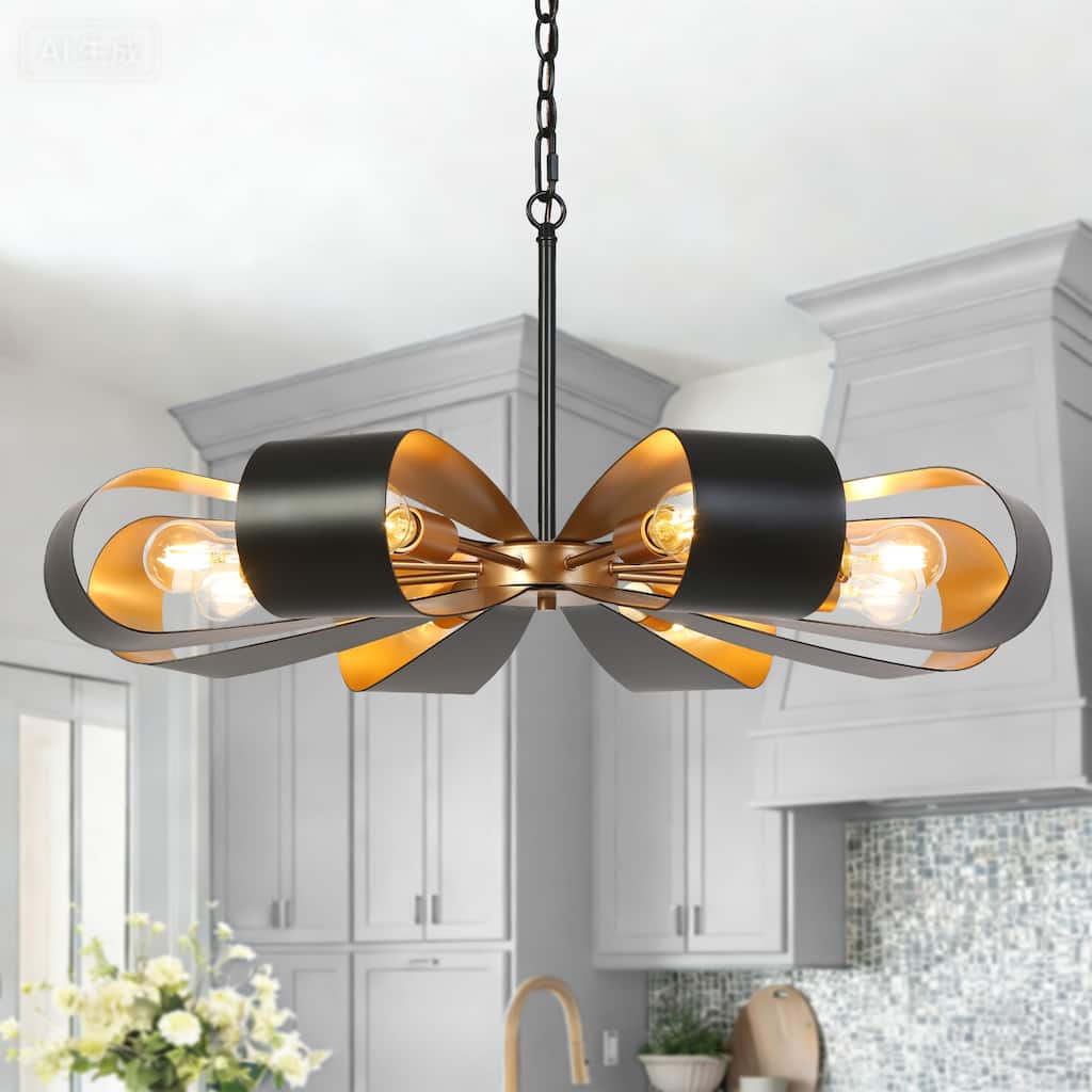 Modern Industrial 8-Light Chandelier Black Gold Floral Pendant Light for Living Room and Dining Room - 32.6 " × 15.8 "