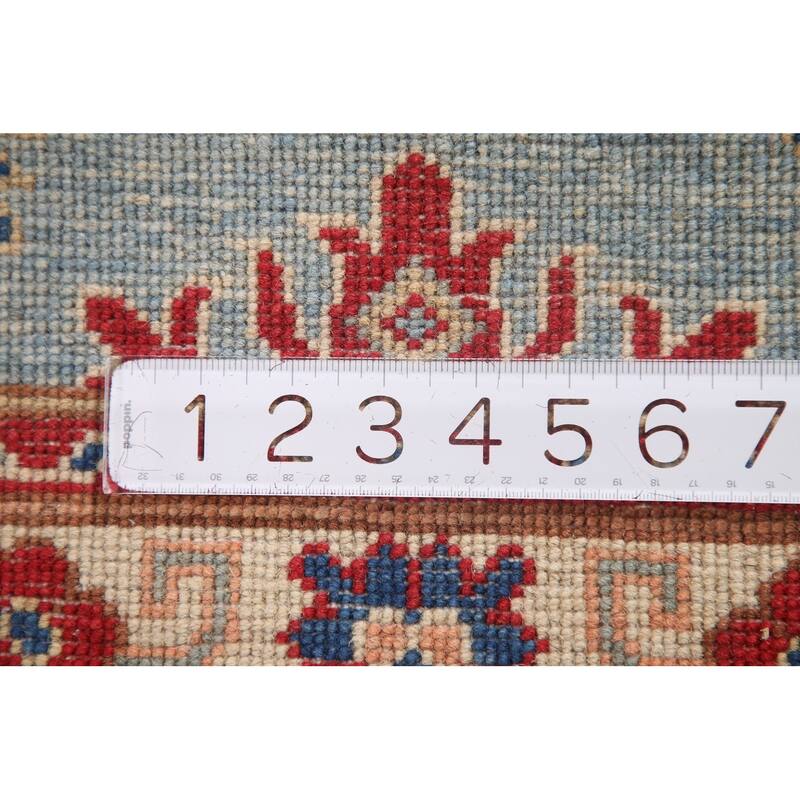 Light Blue Geometric Kazak Runner Rug Hand-Knotted Wool Carpet - 2'8" x 6'6"