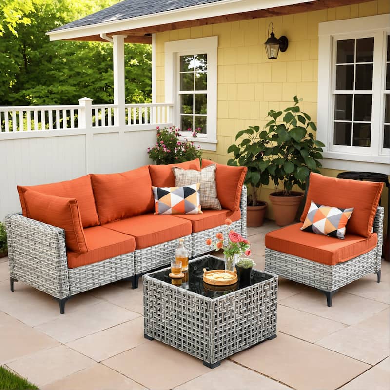 OVIOS 5 Pieces Outdoor Wicker Furniture Set With Solar-Powered Coffee Table - Orange/Red