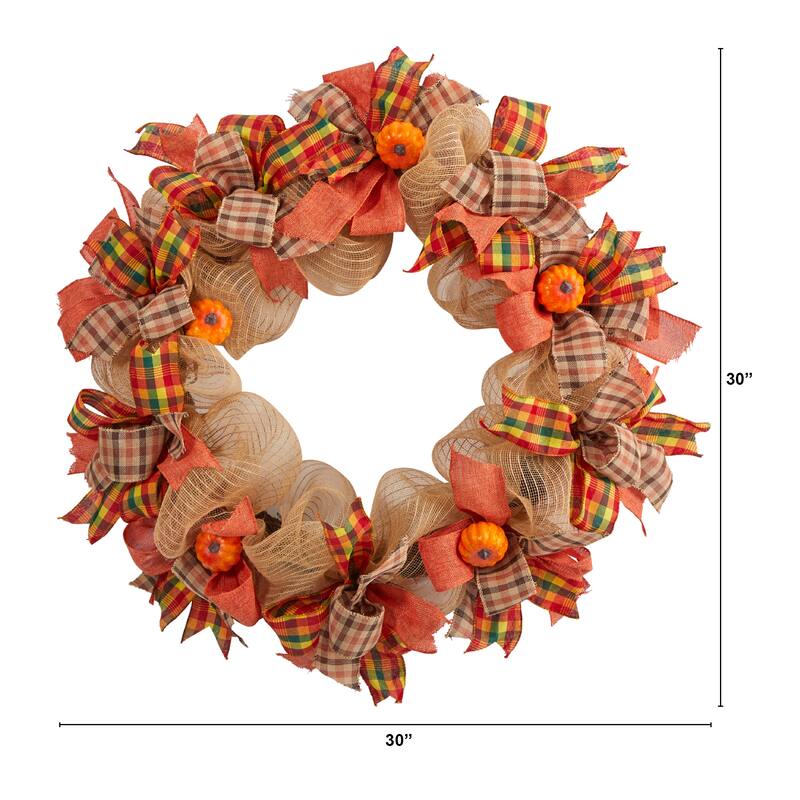 Pumpkin with Plaid Bows Artificial Fall Harvest Wreath - 30" - Unlit