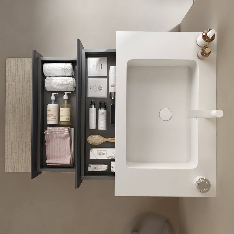 Plywood Wall-Mounted Bathroom Vanity Set in Grey with Integrated Acrylic Sink