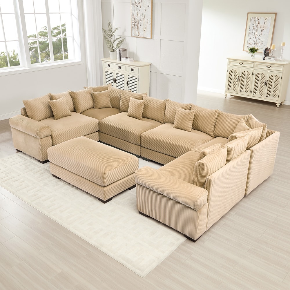 GDFStudio - Corduroy U-Shaped 6-Seater 137.7" Cloud Modular Sectional Couch with Ottoman