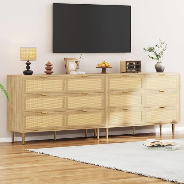 light wood and gold dresser Modern Rattan Drawer with Legs & Handles, Wide Double with Large Tabletop Anti-Tipping for Living Room - On Sale - Bed Bath & Beyond cocktail dresses xs