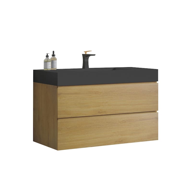 36"Bathroom Vanity with Sink,Wall Mounted Floating Bathroom Vanity,One-Piece Black Sink Basin without Drain and Faucet