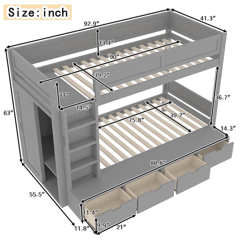 Twin over Twin Bunk Bed with 4 Drawers & Wardrobe - Solid Wood, Full-Length Guardrails, No Box Spring