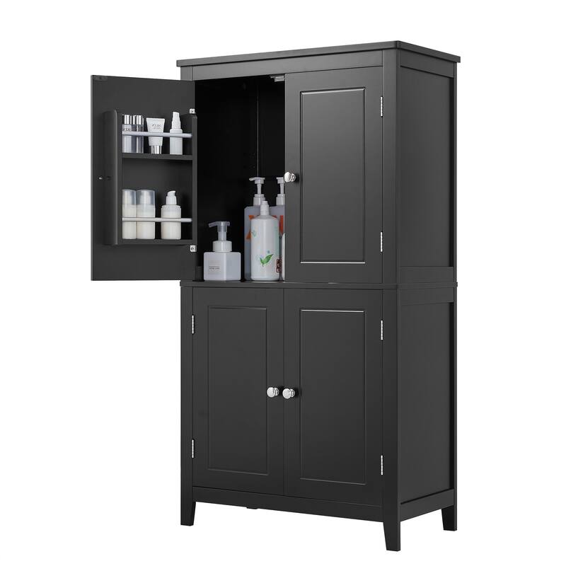 Bathroom Floor Storage Cabinet, Bathroom Storage Unit, with 4 Doors, Adjustable Shelves,Multiple Storage Space