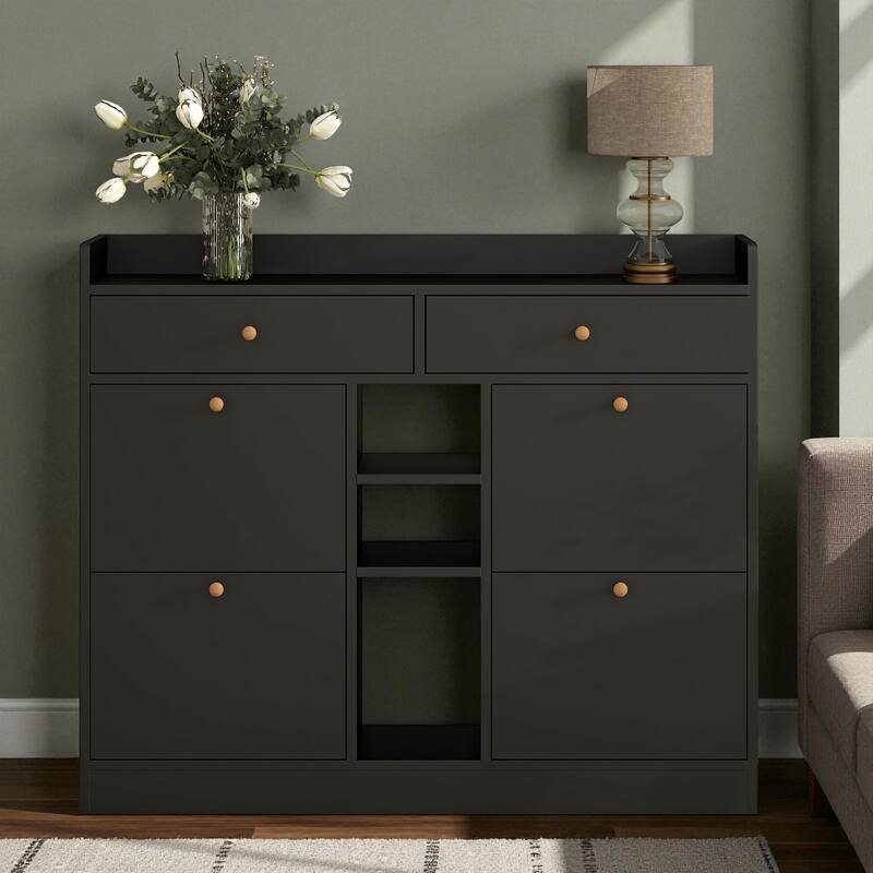 50.7" Modern 4-Drawer Tipping Bucket Shoe Cabinet, Freestanding 2-Tier Shoe Storage Organizer for Entryway and Hallway - Black
