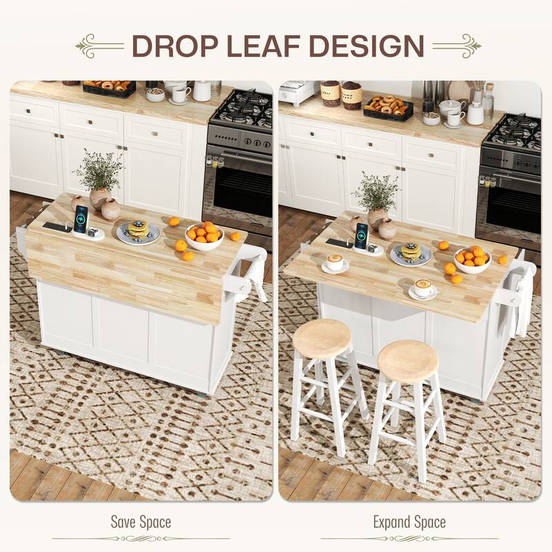 Kitchen Island Cart with Drop Leaf and Built-In Power Outlets Storage Drawers and Rolling Wheels - 53.1" W x 29.5" D x 37.2" H
