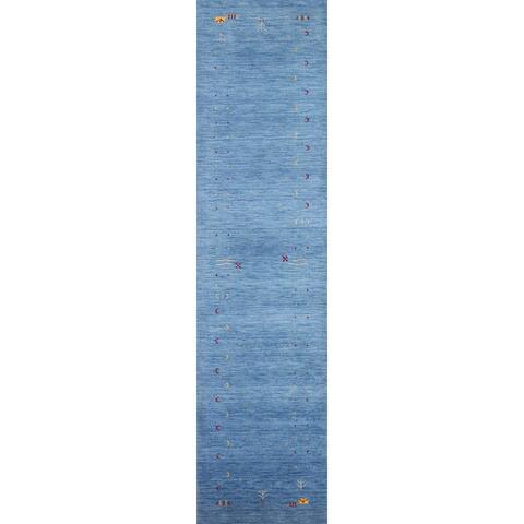 Blue Gabbeh Tribal Oriental Runner Rug Hand-knotted Wool Carpet - 2'7" x 11'10"