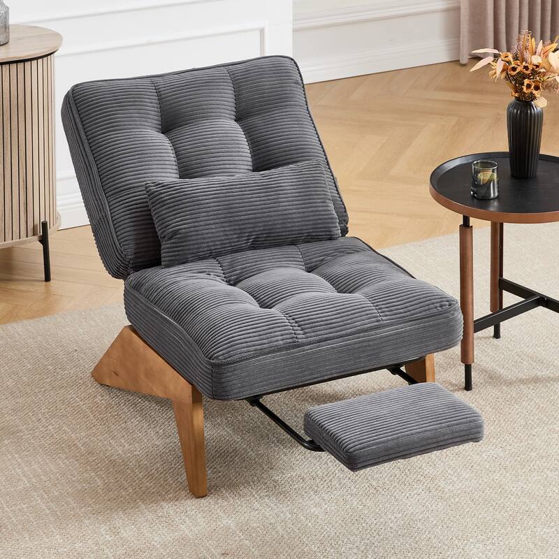 HOMEFUN Upholstered Modern Multi-Position Adjustable Wooden Base Lounge Chair with Footrest and Lumbar Pillow - Dark Grey-Corduroy