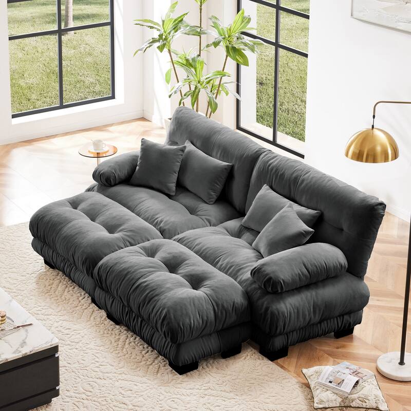 94.4" Chenille Cloud Sleeper Sofa with 2 Ottomans & Pillows - Gray
