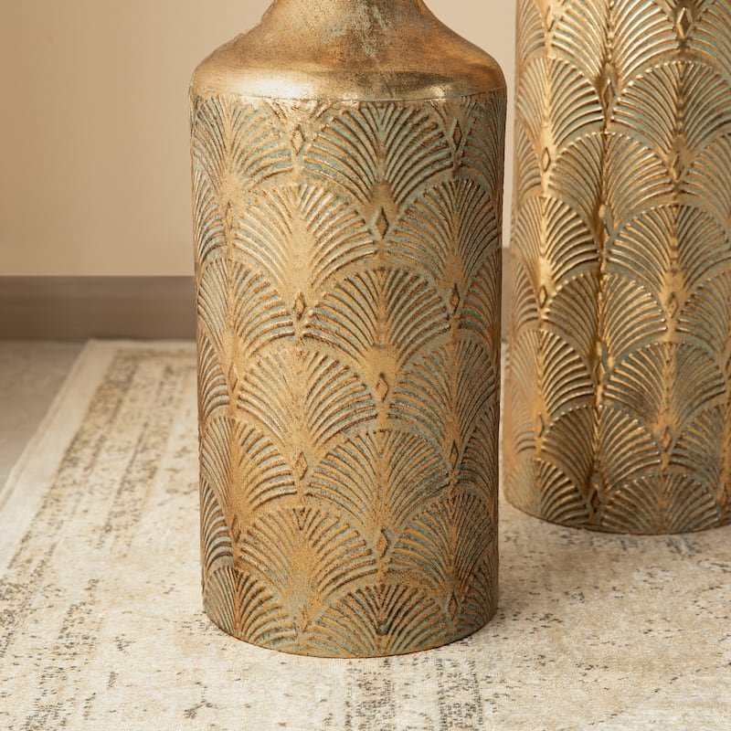 Glitzhome Set of 2 Metal Antique Gold Gingko or Verdigris Finish Floor Vases