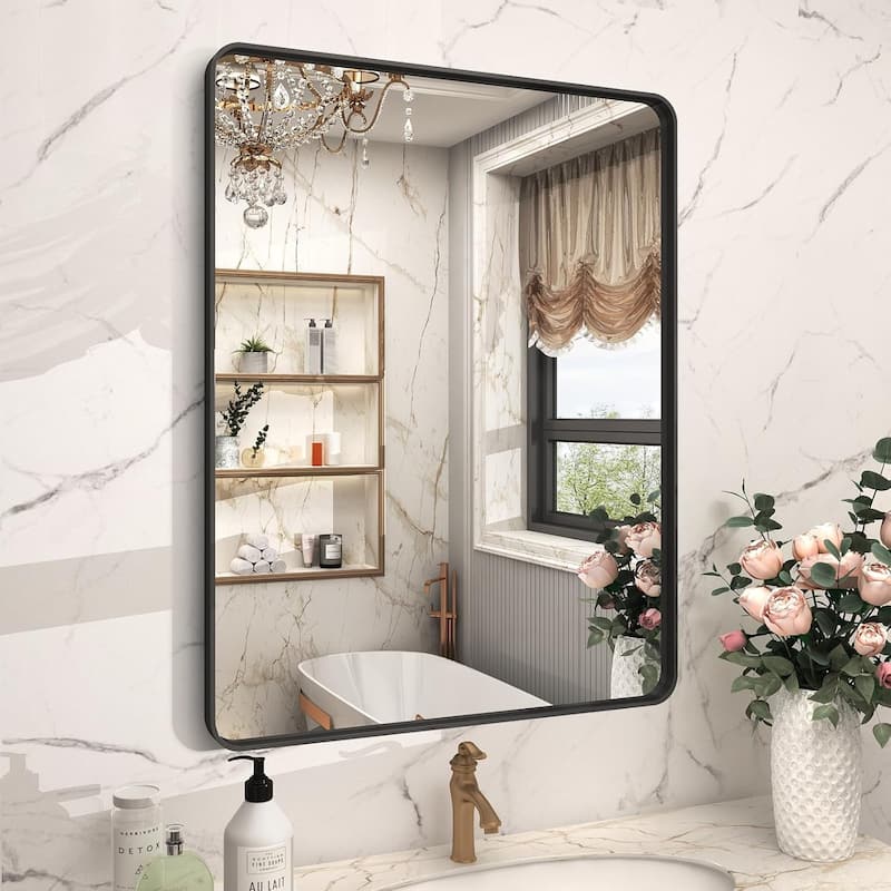 Aluminum Alloy Framed French Cleat Mounted Tempered Glass Wall Vanity Mirror - Black - 36" x 28"