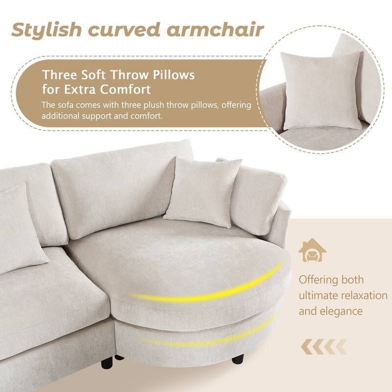 Curved Chaise Sectional Sofa, 105" 3-Piece Chenille Fabric Modular Couch with 3 Accent Pillows