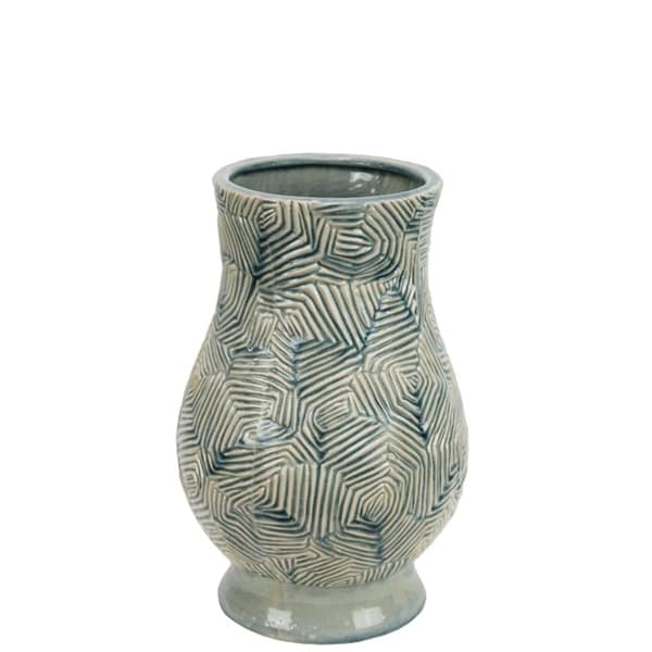 Beautiful Ceramic Zig Zag Patterned Curvy Vase, Blue and White